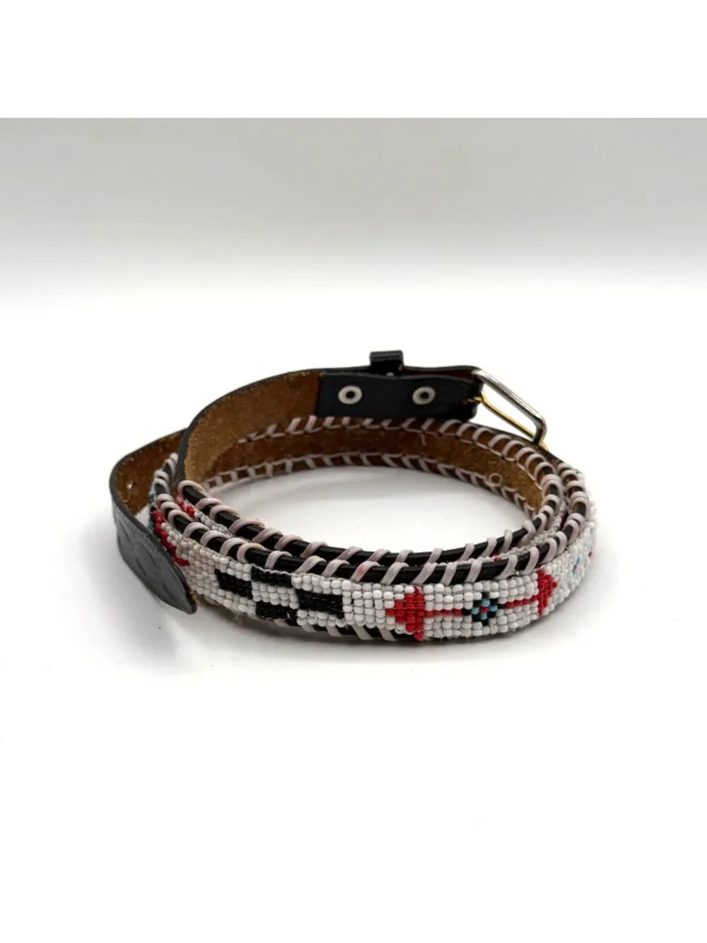 Vintage Black Leather Southwestern Seed Bead Whip Stitch Western Style Belt